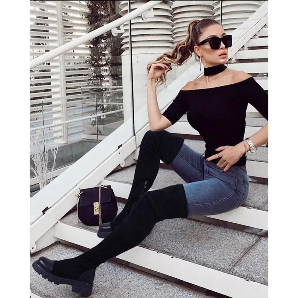 Women Black Over The Knee Boots Lug Sole Tall Boot Side Zipper Long Dress Boot